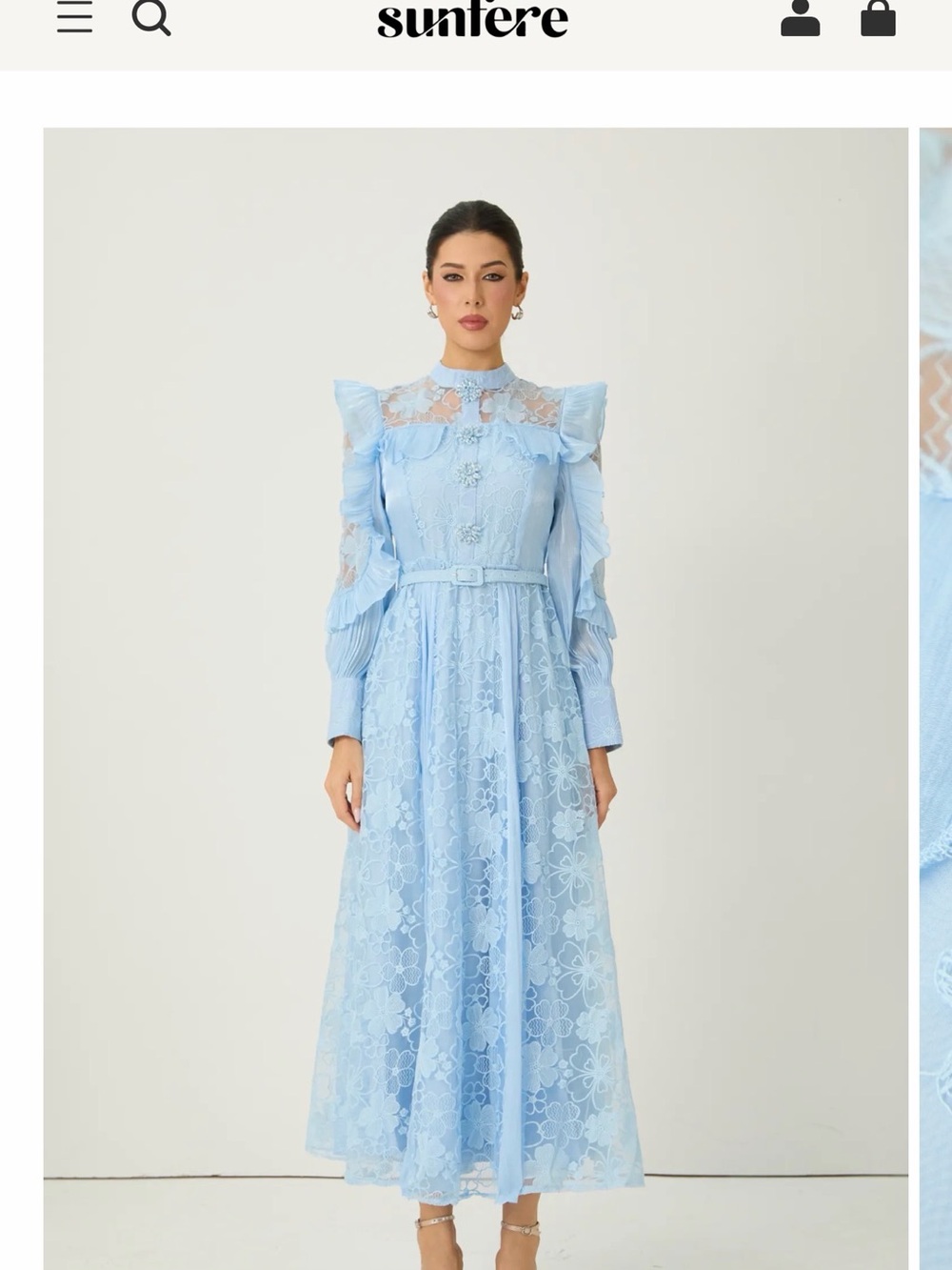 Sunfere Pale Blue Lace Long-Sleeve Midi Dress with Belt
